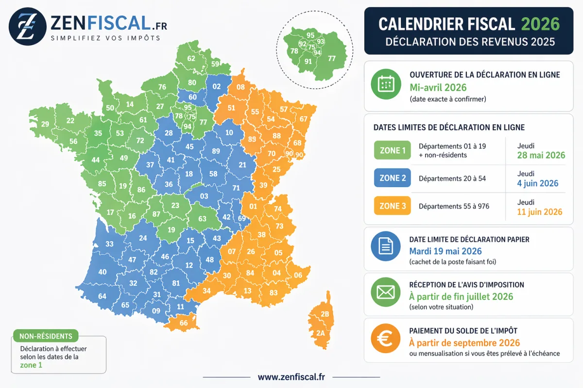 Calendrier fiscal 2026 — dates limites par zone, liasses fiscales, CFE, IS Calendrier fiscal 2026 — carte de France des zones de déclaration et dates limites