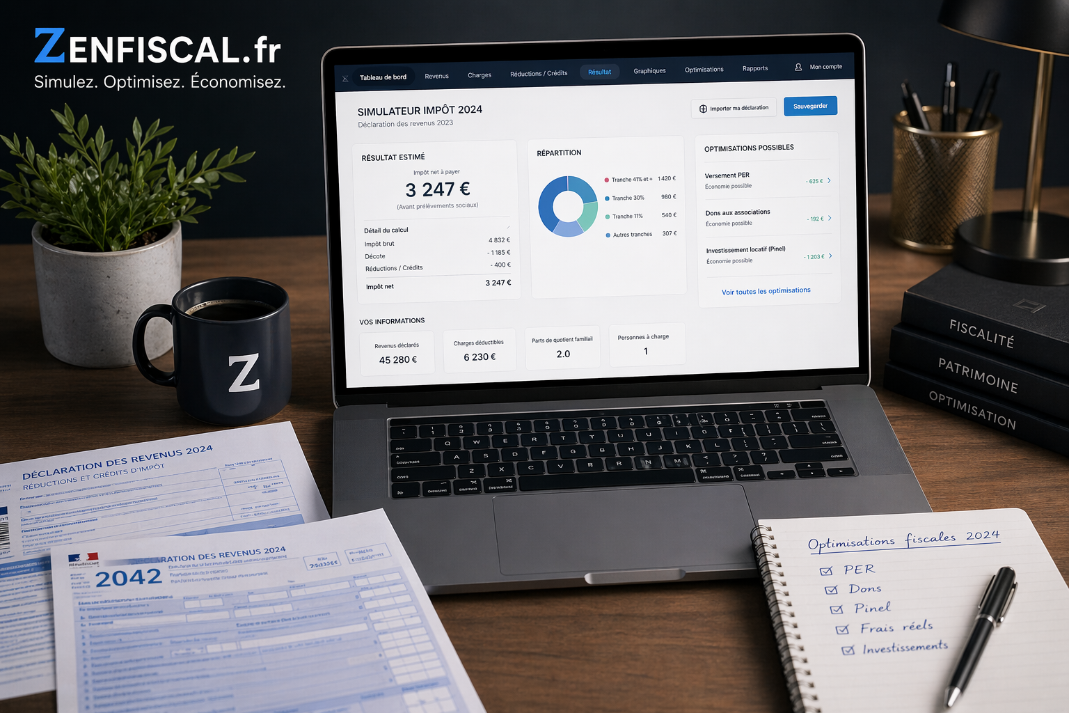 Simulateur ZenFiscal sur écran et formulaire 2042 — déclaration fiscale 2026