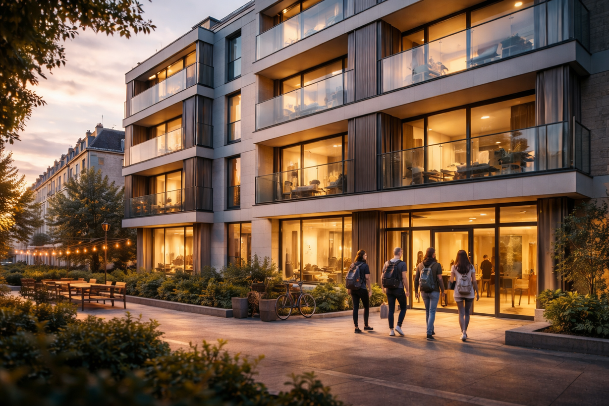 Résidence étudiante — Le type de bien le plus courant en investissement LMNP Résidence meublée moderne en France — investissement LMNP location étudiante