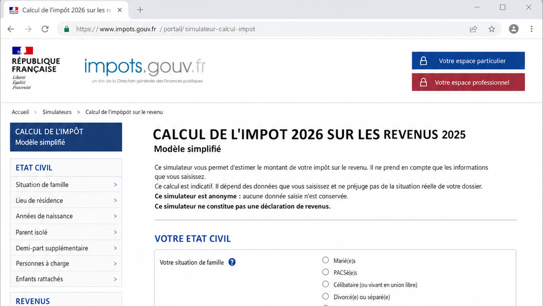 Simulateur officiel impots.gouv.fr — impôt 2026 sur les revenus 2025 Simulateur impôt 2026 officiel impots.gouv.fr — version simplifiée DGFiP