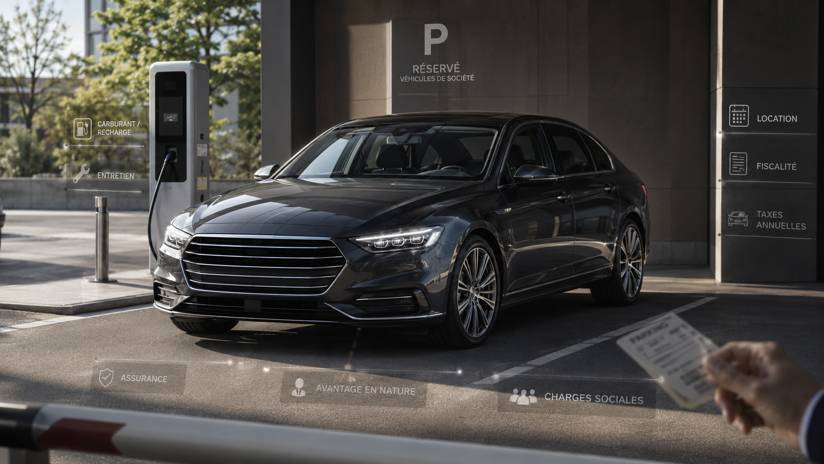 Le loyer mensuel ne montre qu'une partie du coût : fiscalité, charges sociales et usage privé doivent aussi être intégrés Voiture de société dans un parking moderne illustrant les coûts cachés : TVS, loyers, TVA, carburant, assurance et avantage en nature